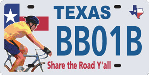 Share the Road Y'all license plate funds the BikeTexas Share the Road Motorist/Cyclist Education program