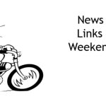 Drawing of a paperboy on a bicycle with a newspaper in his hand. Caption reads, "News by Bike: Links for your Weekend Reading."
