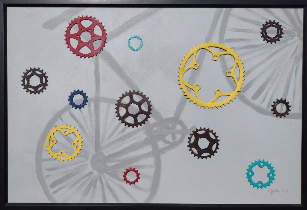 Mixed-media painting of bike on grey background with colorful bike gears superimposed.